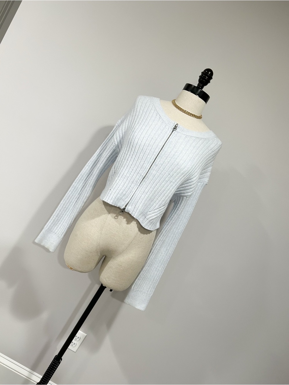 wild fable Light Blue Ribbed Zip-Front Cropped Sweater